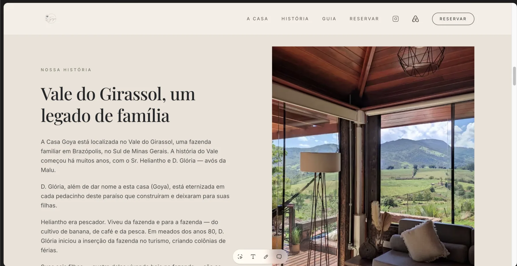 Seção da landing page Casa Goya contando a história do imóvel
