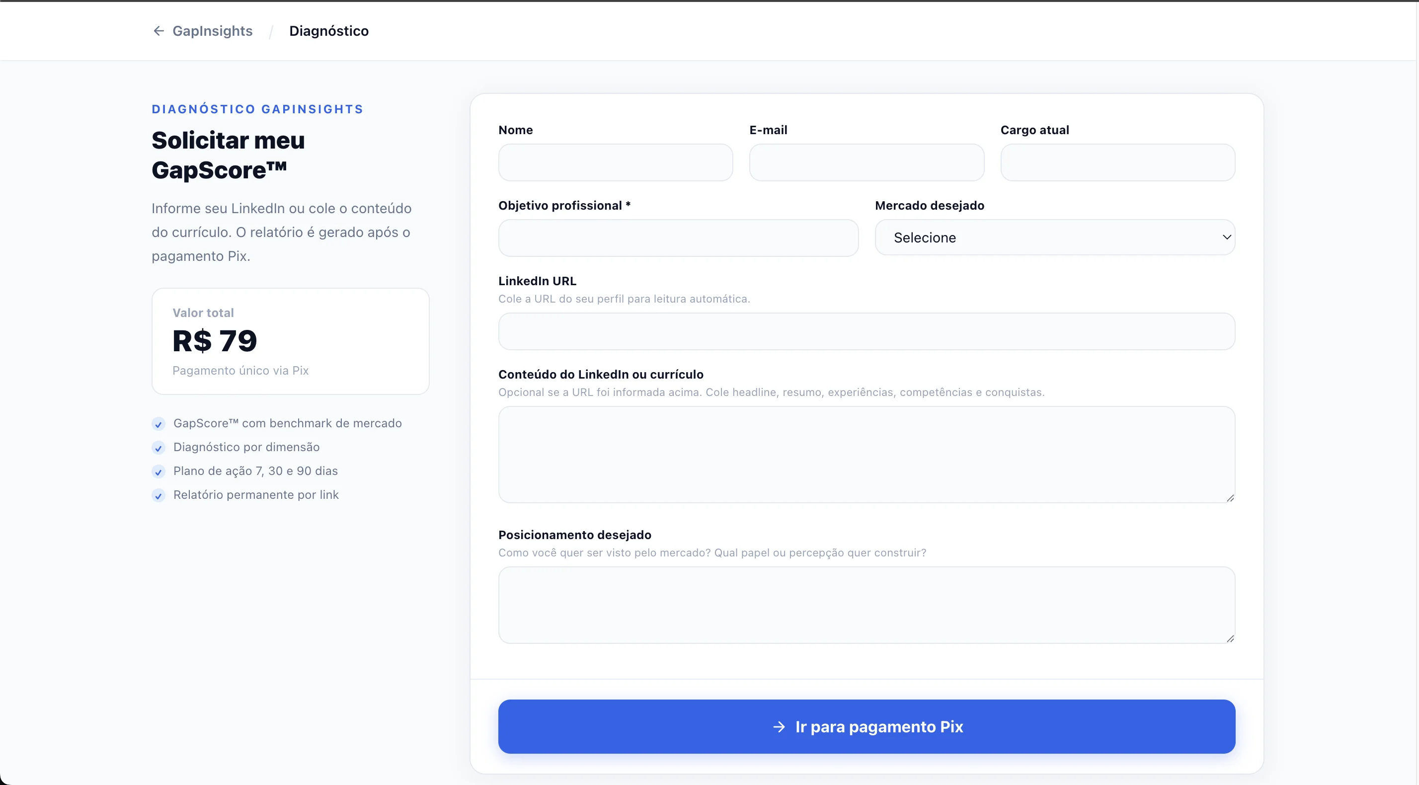 Formulário de diagnóstico do GapInsights
