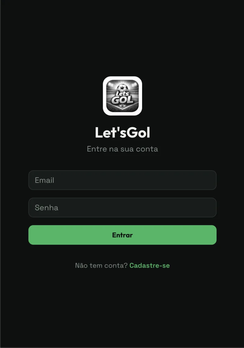 Tela de login do aplicativo Let'sGol