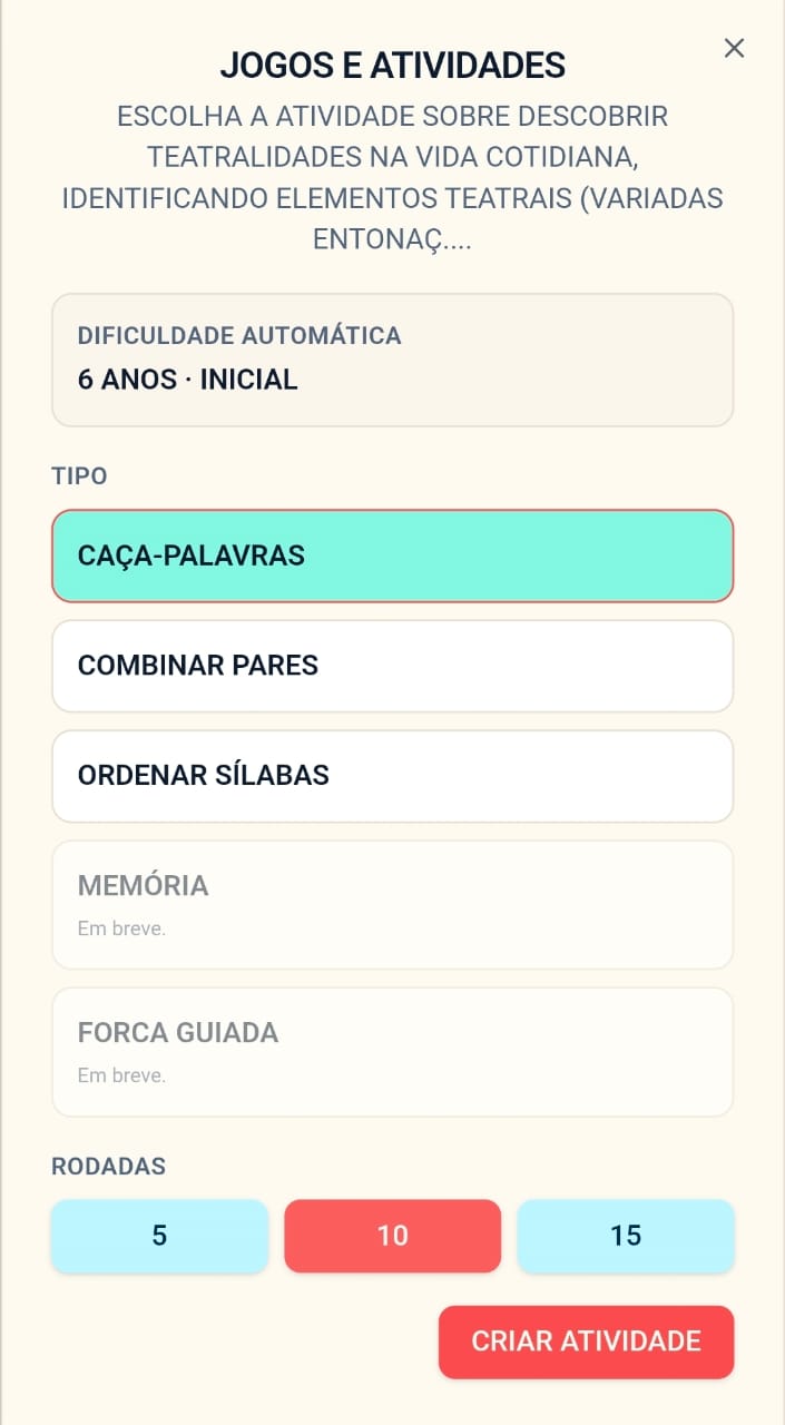 Tela do Plim para configurar jogos e atividades