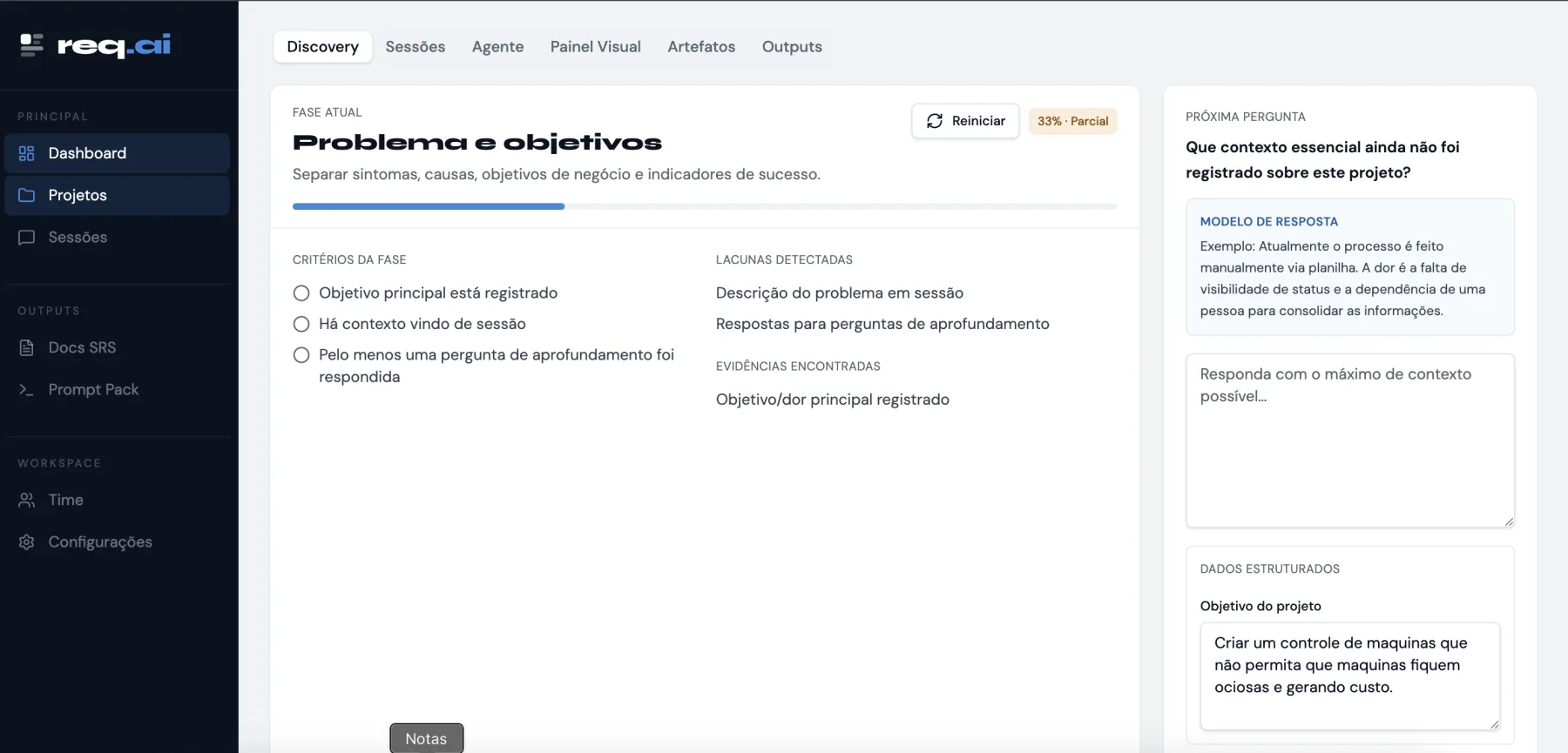 Tela real do discovery guiado do req.ai