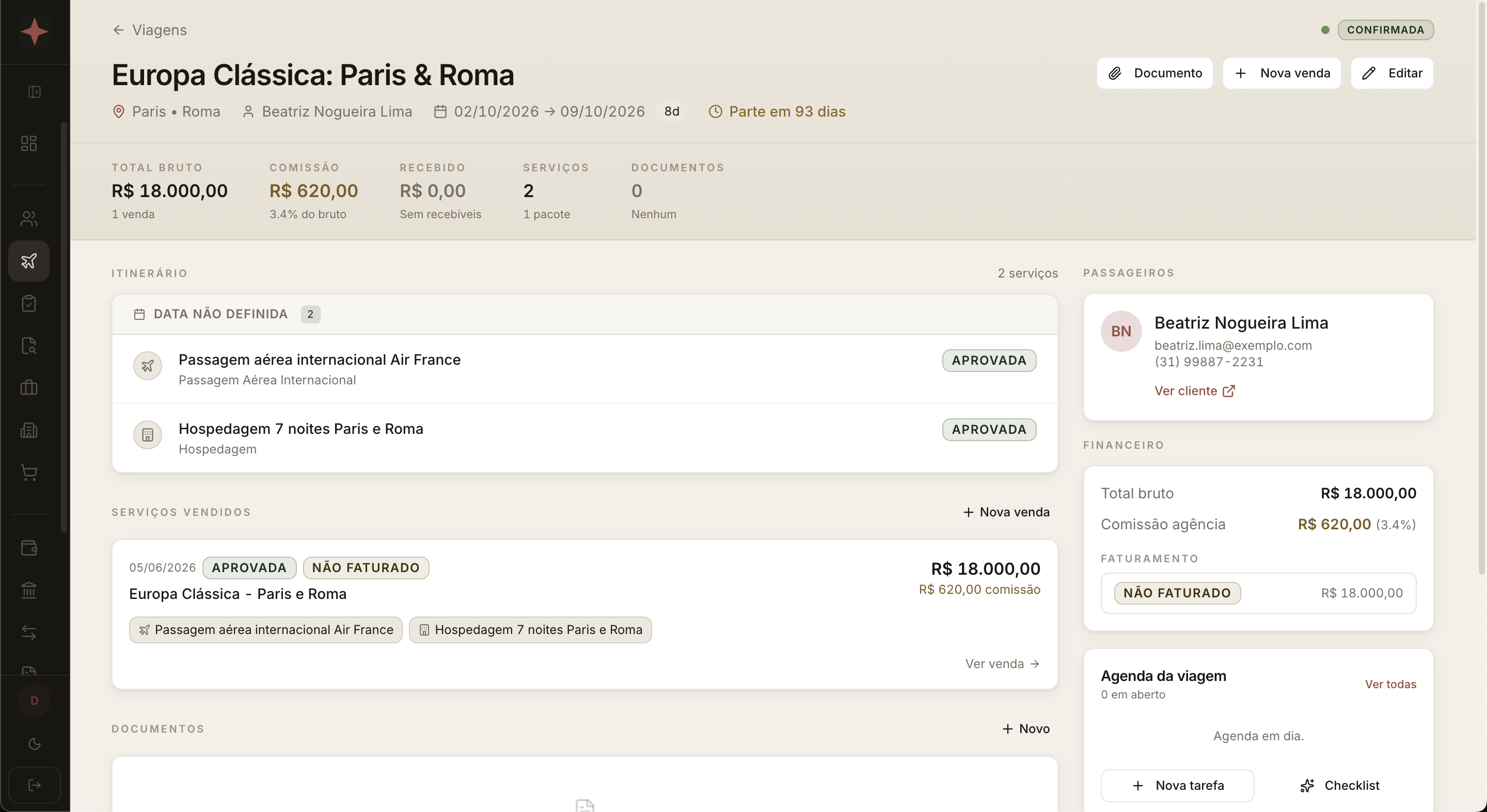Detalhe da viagem Europa Clássica com itinerário, financeiro e passageiros